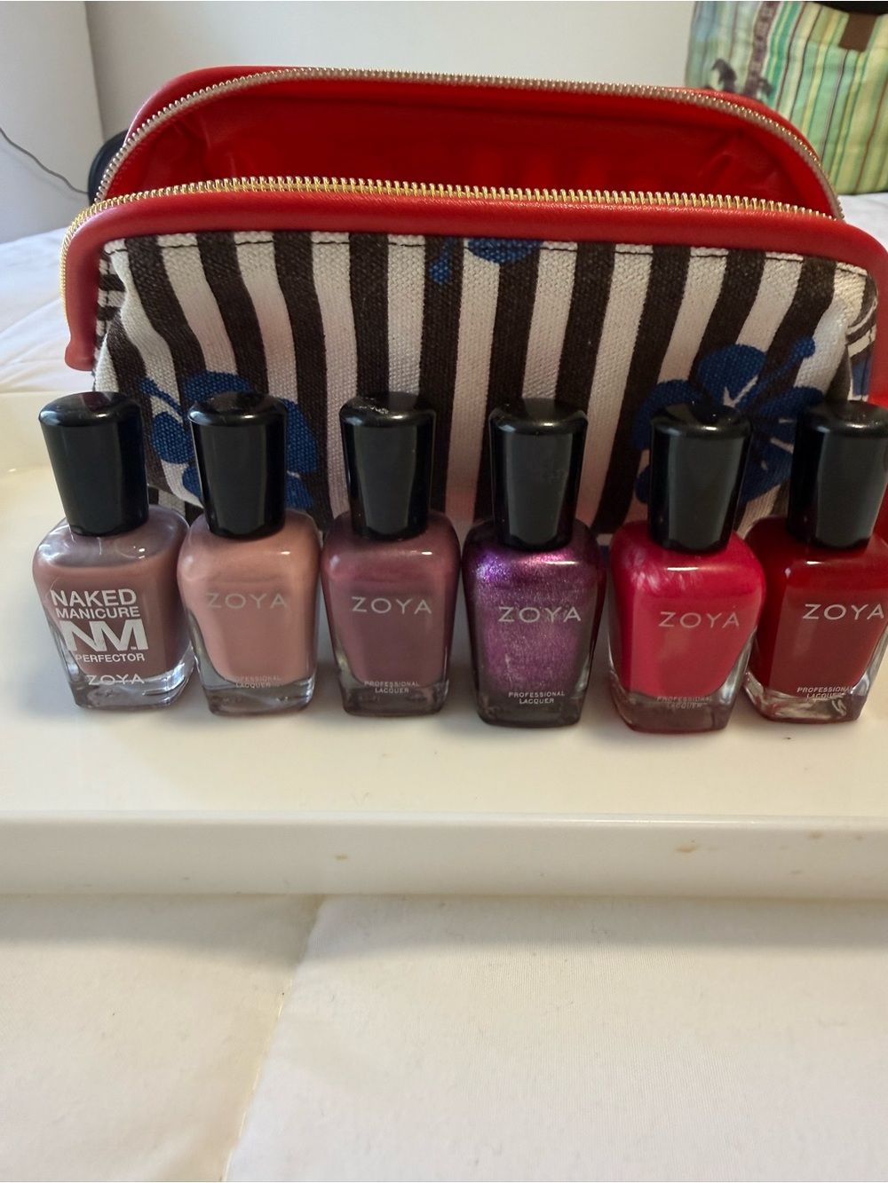 Zoya 6 polish bundle w/Striped Canvas Cosmetic Pouch with Red Trim
